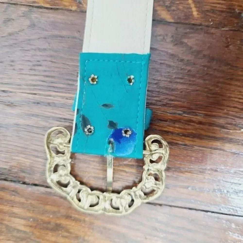 Vintage 80s 90s Teal Blue Whimsi Floral Fabric Chunky Gold Buckle Belt